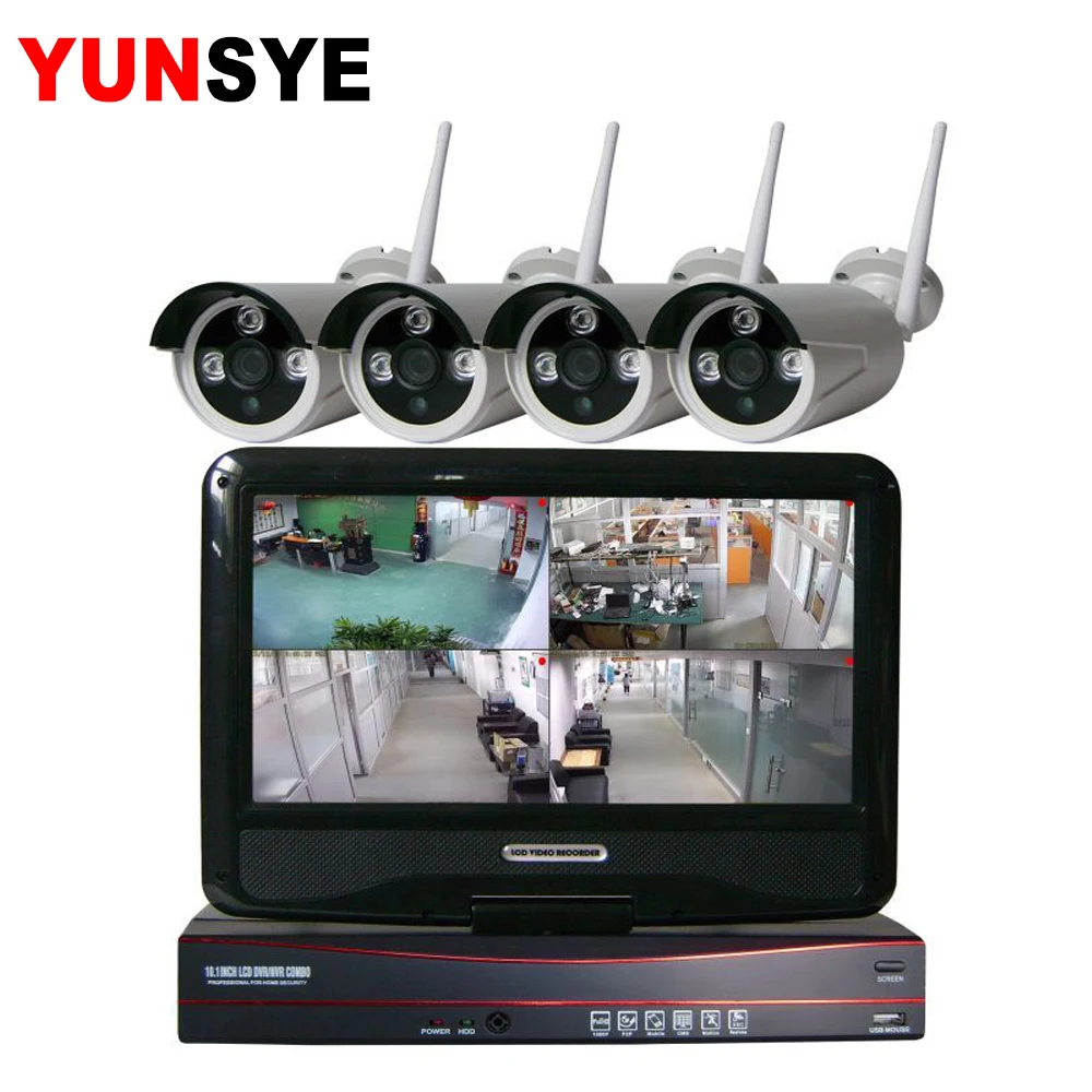 

4CH 1080P Wireless NVR Kits 10inch LCD Audio 2MP HD Outdoor IP Camera Home Security System Surveillance Kits WiFi Camera Kit