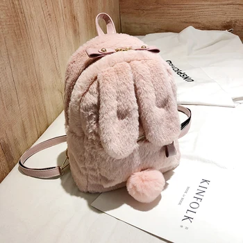 

2019 Winter New Fashion Girl Backpacks Cute Rabbit Ears Fluffy Little Back Pack Sweet Kawaii Woman Bag Soft Sister Casual Bags