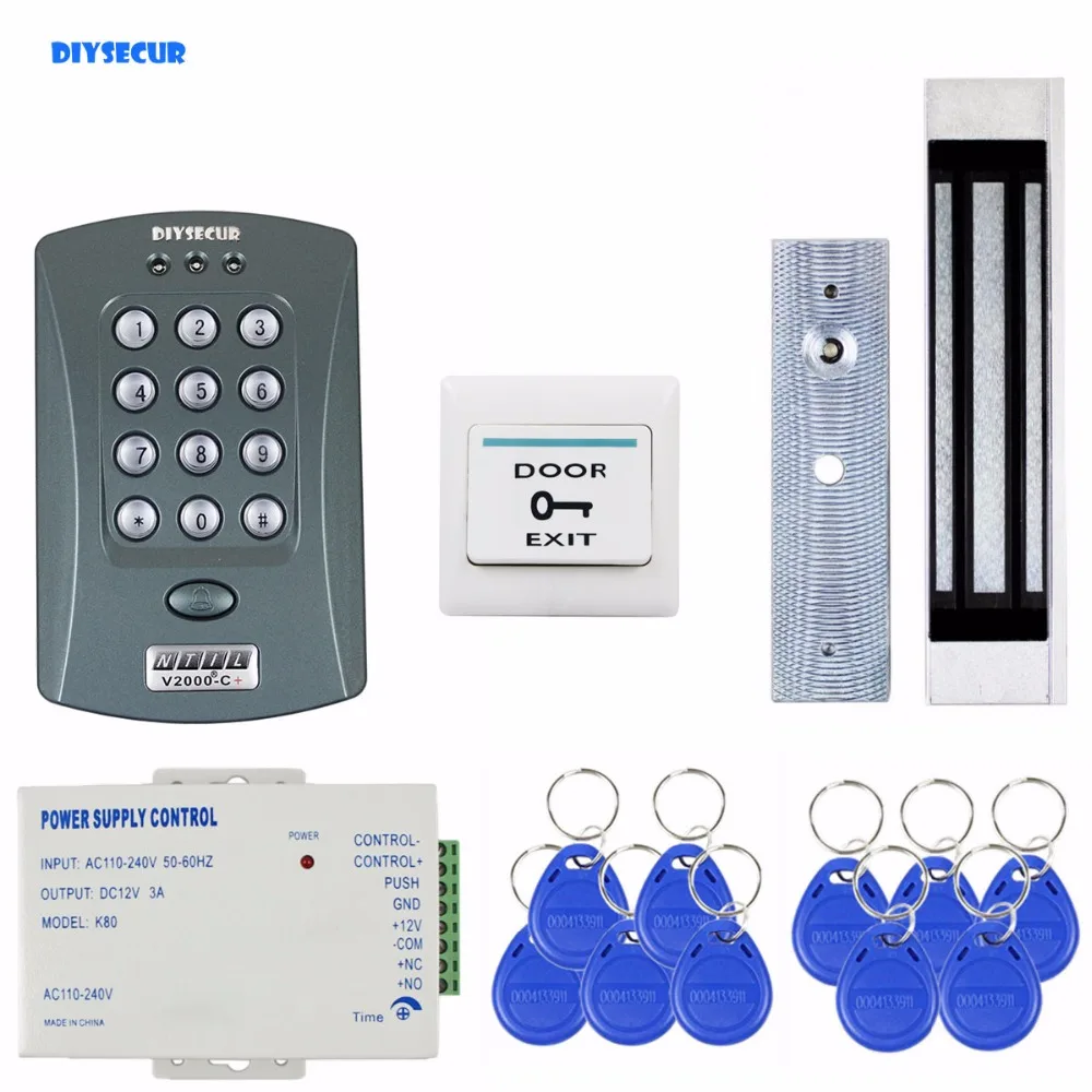 

DIYSECUR Magnetic Lock 125KHz RFID ID Card Reader Password Keypad Access Control System Security Kit Door Bell Button V2000-C