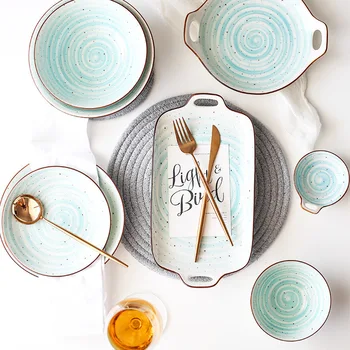 

Hand Glaze Painted Pottery Blue Tableware Suit Household Charger Plates Steamed Rice Bowl Soup Salad Noodles Bowl 1pc