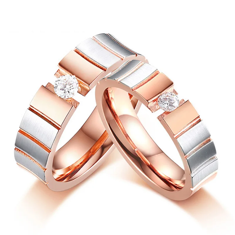 

Rose Gold Tone Couple Wedding Rings for Women Men Elegant Stainless Steel CZ Stone Wedding Band Lover Promise Alliance Jewelry