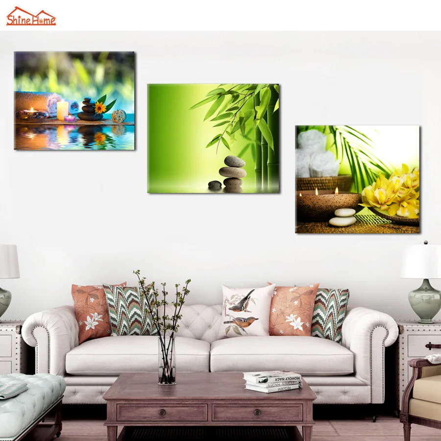 

ShineHome-3pcs/set Canvas Picture Prints Artwork for Spa Yoga Salon Kitchen Flower Cobble Stone Painting Wall Living Room Decor