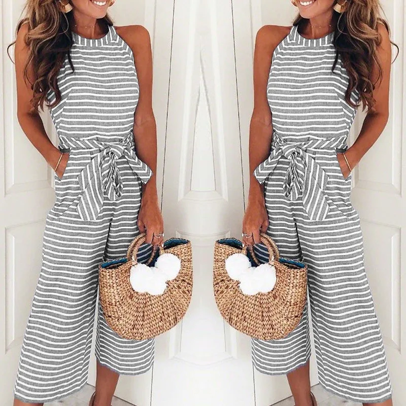 Summer Fashion Overalls Women Strip O Neck Sleeveless Long