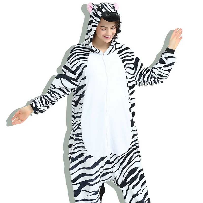 Cosplay Costume Flannel Pajamas Adults Anime Animal Onesies Sleepwear Kigurumi Women Men Unicorn Stitch Pikachu Winter Pajamas - Цвет: zebra