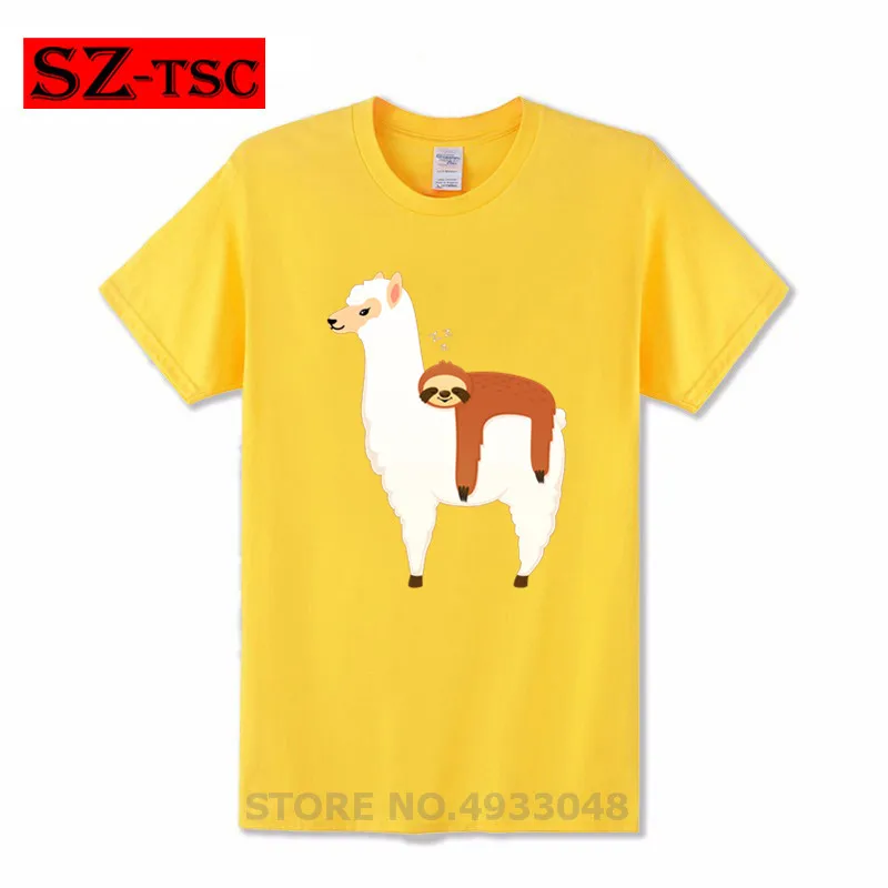 

100% cotton New Men's Short Sleeve t-shirt Lazy Sloth Hitching Ride On Alpaca Funny Tshirt Harajuku Streetwear Cool Tees Tops