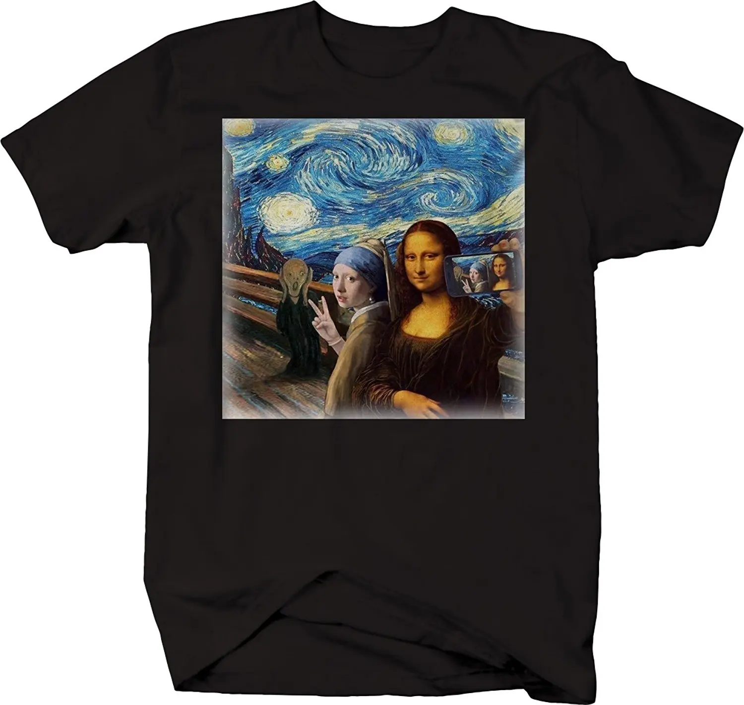 

2019 Hot sale Fashion Mona Lisa Starry Knight Art Funny Group Selfie Cell Phone Meme Tshirt Tee shirt