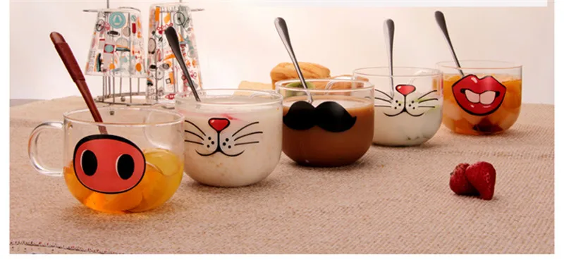 Hot sales 500ml Transparent Kawaii Glass Cup Cute Mug Cat Beard Pattern Beer Glass Funny Glass Tea Milk Water Cup Coffee Mug7
