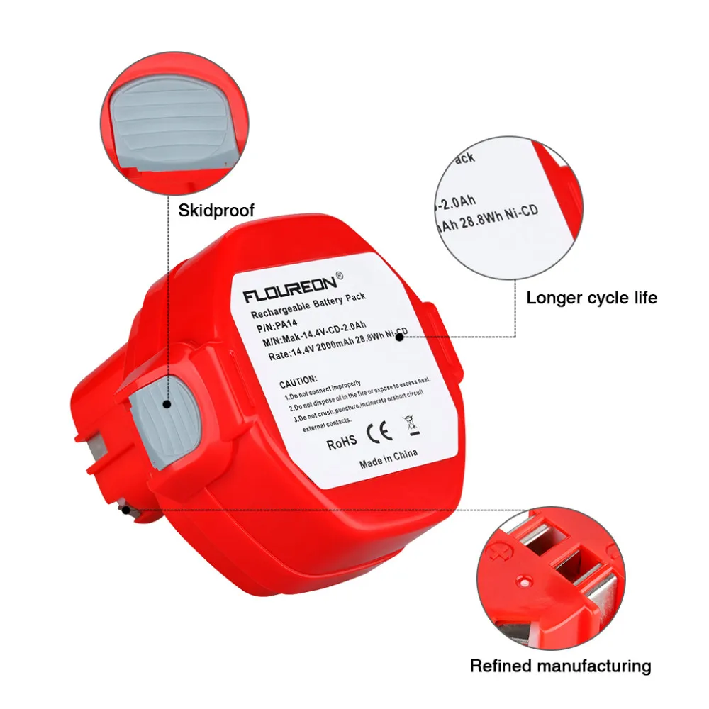 FLOUREON 14,4 в 2000 мАч Ni-CD аккумуляторные батареи блок питания сменный аккумулятор Аккумуляторная дрель для Makita PA14 1422 1433