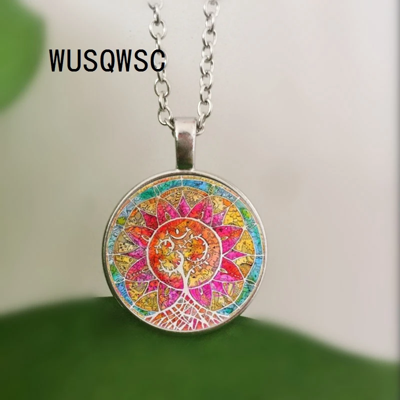 

WUSQWSC Jewelry Mandala om Tree of Life Cabochon Glass Tibet Silver Chain For Women Necklace & Pendant Christmas Gift