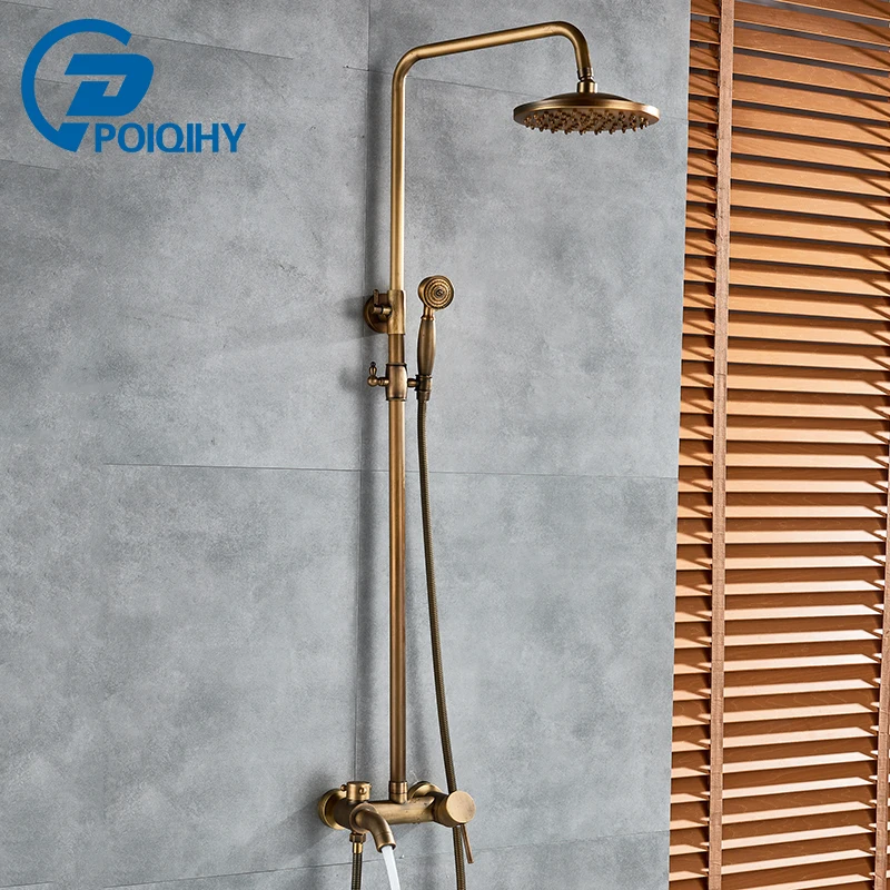 POIQIHY Brass Antique Outdoor Rainfall 8" Brass Shower Set Faucet