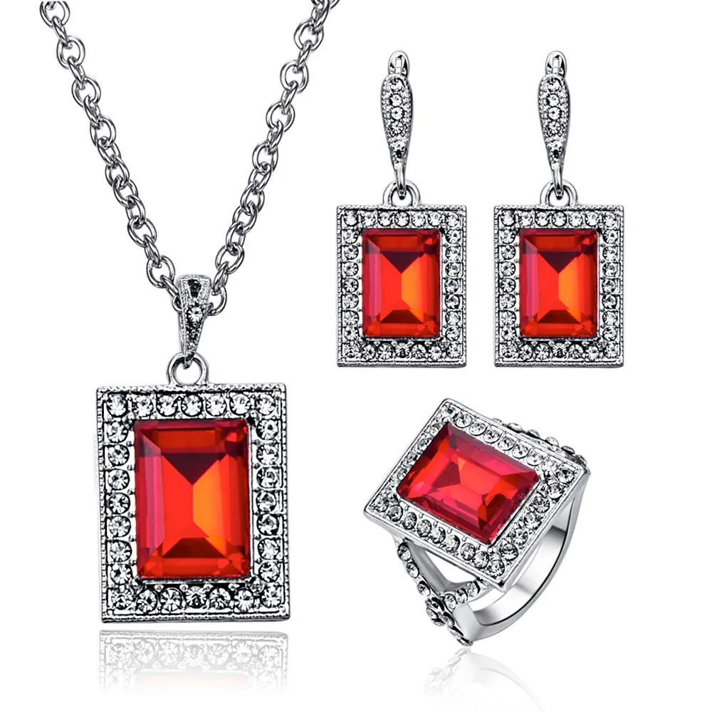 

TSHOU154 Bohemian Rectangular Bridal Zircon Necklace Earrings Ring Set