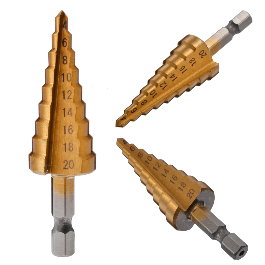 Titanium Coated Hole Cutters HSS Step Cone Drill Bits for Cutting Steel Brass Wood Plastic 4-12mm 4-20mm 4-32mm