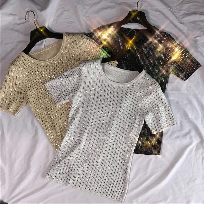 

Women Luxury Diamonds Beaded Knitted Shirts 2019 Summer High Quality Golden Black Round Neck Short Sleeve T shirts Ladies Tops