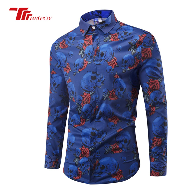 High Quality Men Shirt Long Sleeve Loose fit Flower Skulls Print Turn-down Collar camisas Big Size Dress Shirts