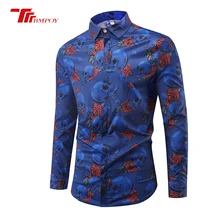 High Quality Men Shirt Long Sleeve Loose fit Flower Skulls Print Turn-down Collar camisas Big Size Dress Shirts