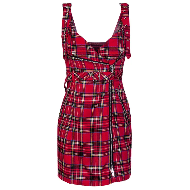 

Streetwear Fashion Plaid Mini Dress Sleeveless Strap Sashes Women Dresses Female Girls Front Zipper Sexy Dress
