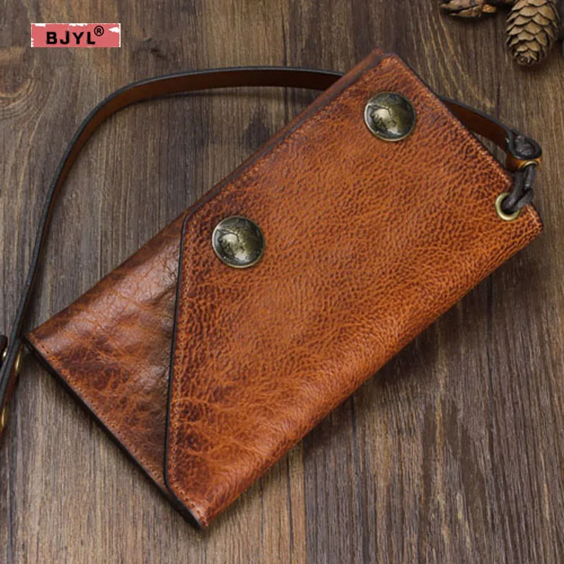 

BJYL Pure genuine leather men long wallet multi-functional first layer leather men and women clutch bag anti-theft chain