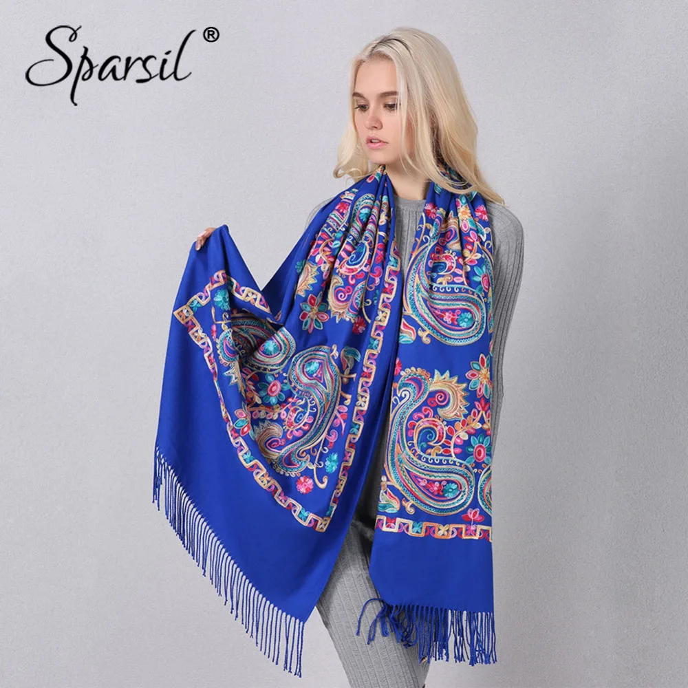 Goede Sparsil Vrouwen Kasjmier Borduurwerk Sjaal Herfst Winter Bloemen Kwastje 200*70 cm Pashmina Blossom Shawl Vrouwelijke Wraps Moslim Sjaals