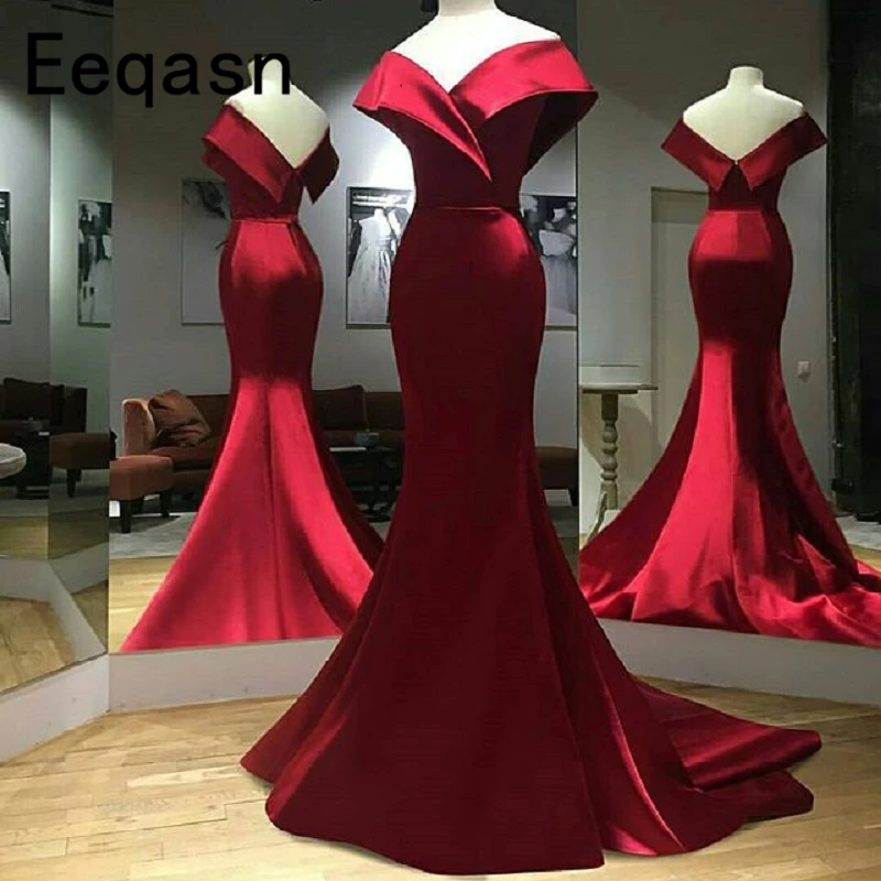 

Simple Burgundy Evening Dresses Long 2018 Satin Mermaid Sweep Train Sexy Women Dubai Formal Prom Dress Robe de Soiree