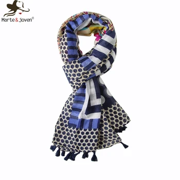

Marte&Joven Elegant Geometric Print Blue Polka Dots Scarf for Women Big Size Voile Spring Autumn Shawl Fashion Lady Hijab Wraps