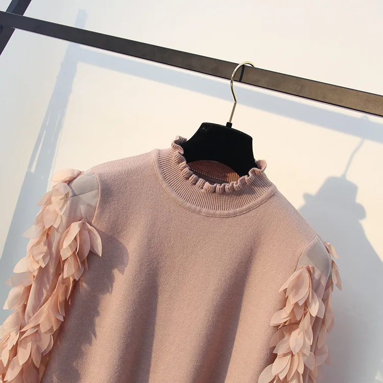 Korean Ruffled Collar Knitted Women Sweater Spring Autumn Loose Jumper Fashion Flowers Sleeve Sweater and Pullover Femme Pull Korean Ruffled Collar Knitted Women Sweater Spring Autumn Loose Jumper Fashion Flowers Sleeve Sweater and Pullover Femme Pull