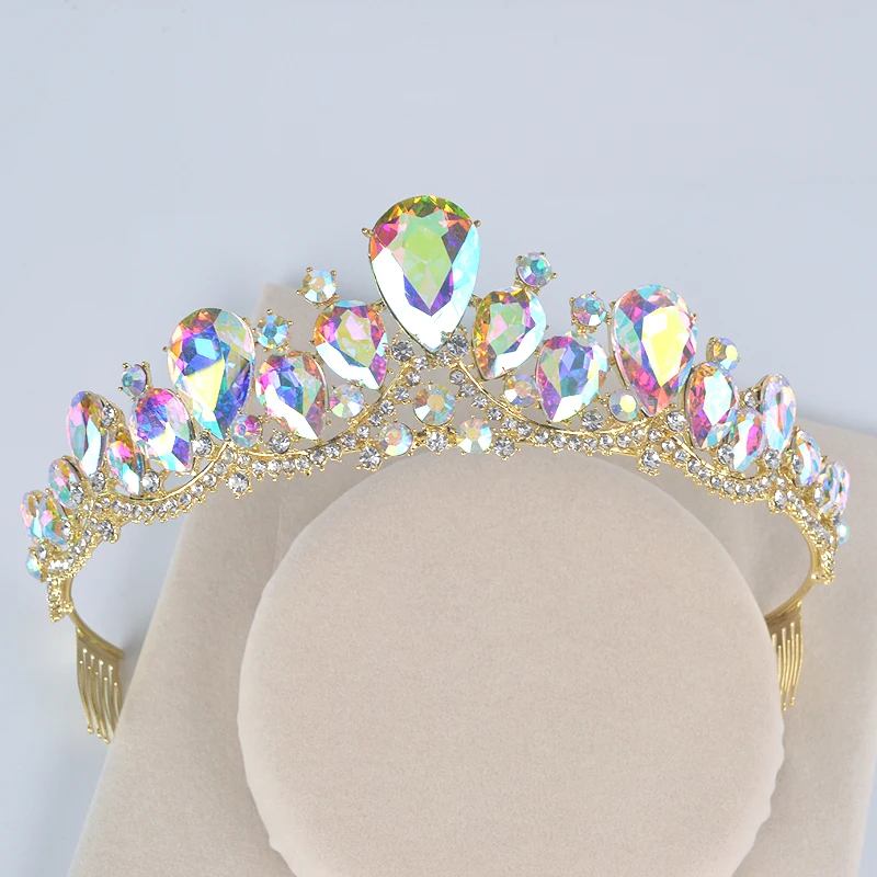 

Gold AB Color Crystla Wedding Hair tiara Women Crowns with comb Bridal Headpiece Hair Jewelry diadema teardrop party tiaras