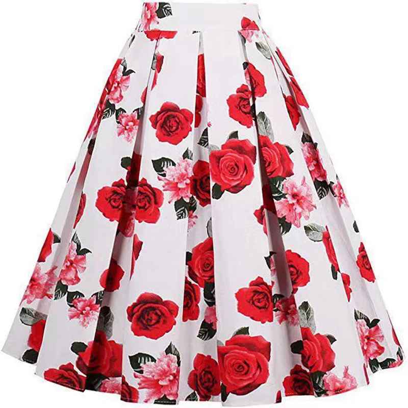 

Faldas Mujer Moda 2019 Vintage Rose Floral Printed Skirts womens Elegant Pleated Midi Skirt For Women Spring and Summer