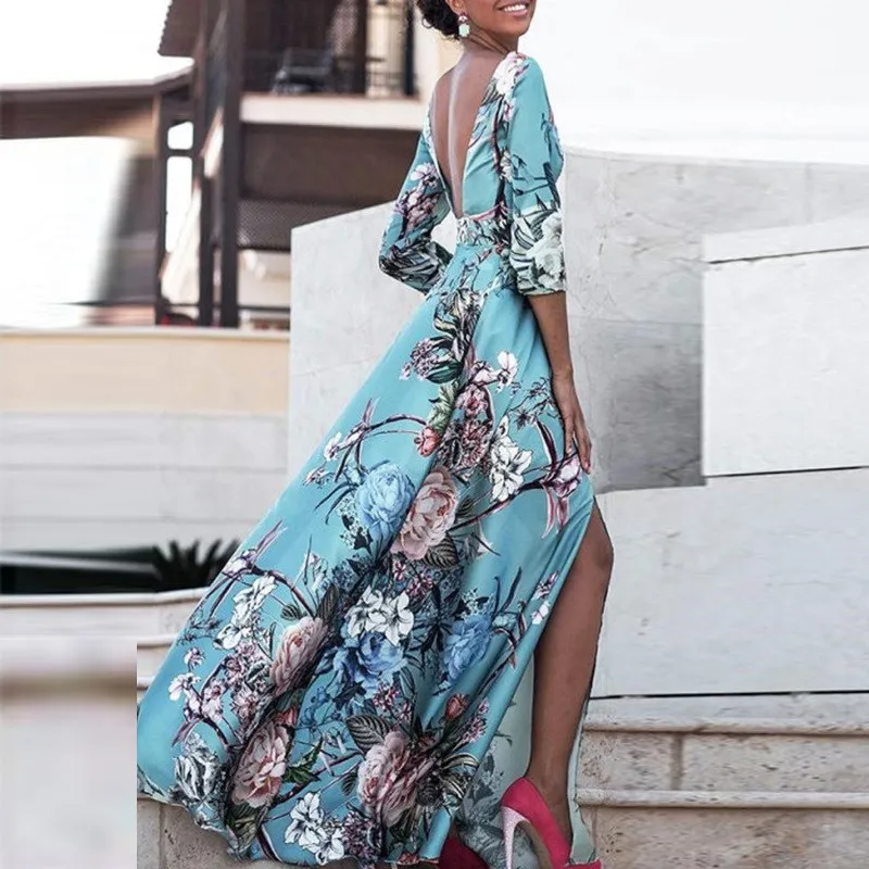 

2019 Women Boho Half Sleeve Backless Floral Dress Sexy Maxi Long Dress Party Beach Dress