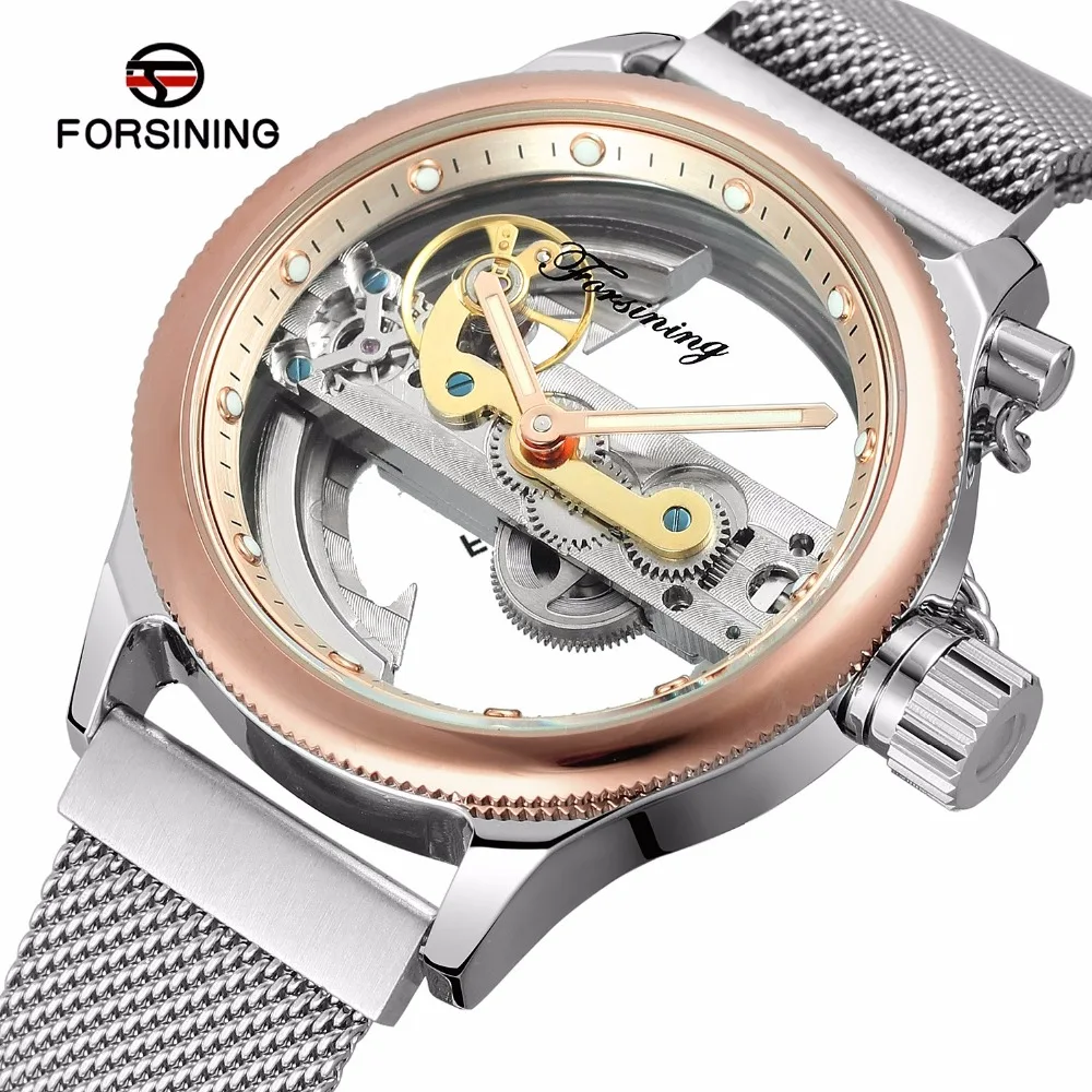 

FORSINING Transparent Hollow Skeleton Mechanical Watch Men Silver Mesh Stainless Steel Self Wind Automatic Watch Men Rose Gold