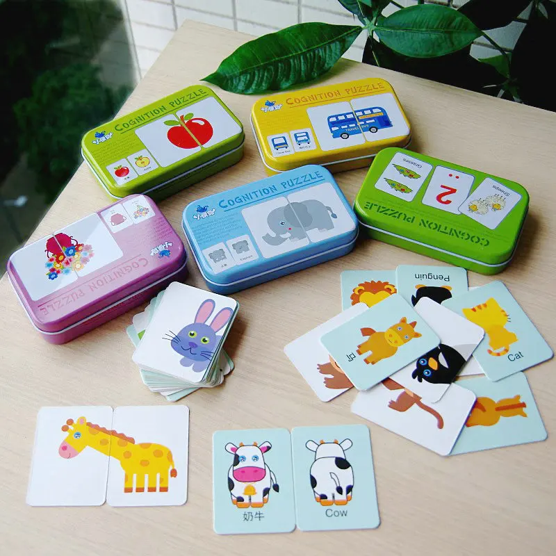 

Baby COGNITION PUZZLE TOYS Iron-box Match Game Puzzle Card Learning English Fruit Animal Traffic Educational Montessori stickers