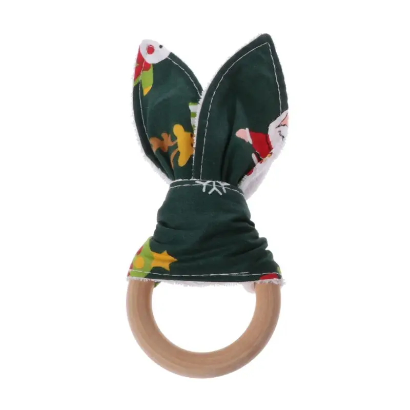 Christmas Baby Bunny Ear Teething Ring Safety Wooden Chewie Teether For Children Kids Baby Care Accessory Shower Gifts