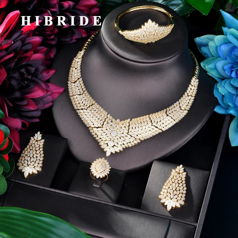 

HIBRIDE Famous Luxury Shinning Gold Color Women Wedding Naija Bridal Cubic Zirconia Necklace Dubai Dress Jewelry Set N-818