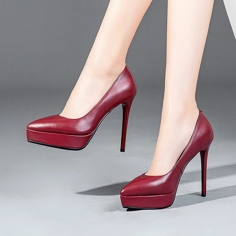 

Chinese work OL style pointed toe leather pumps fashion platform red beige black so kate thin high heel women shoes