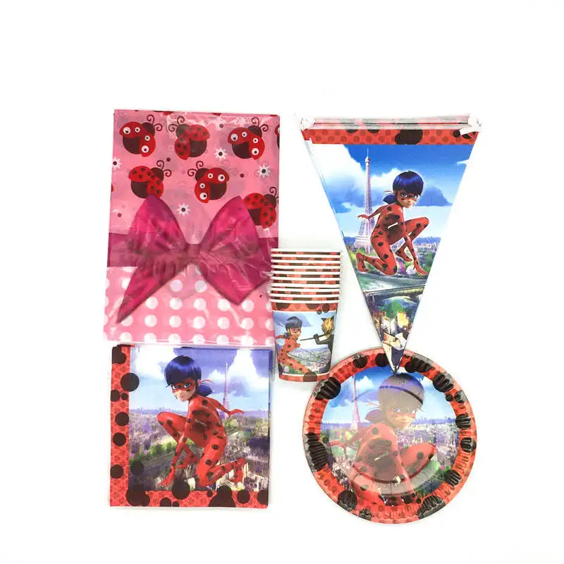 

81Pcs/Lot Wonderful Ladybug Girl Paper Tableware Sets Baby Shower Cup Plate Flag Kid Birthday Flags Banners Decoration Supply