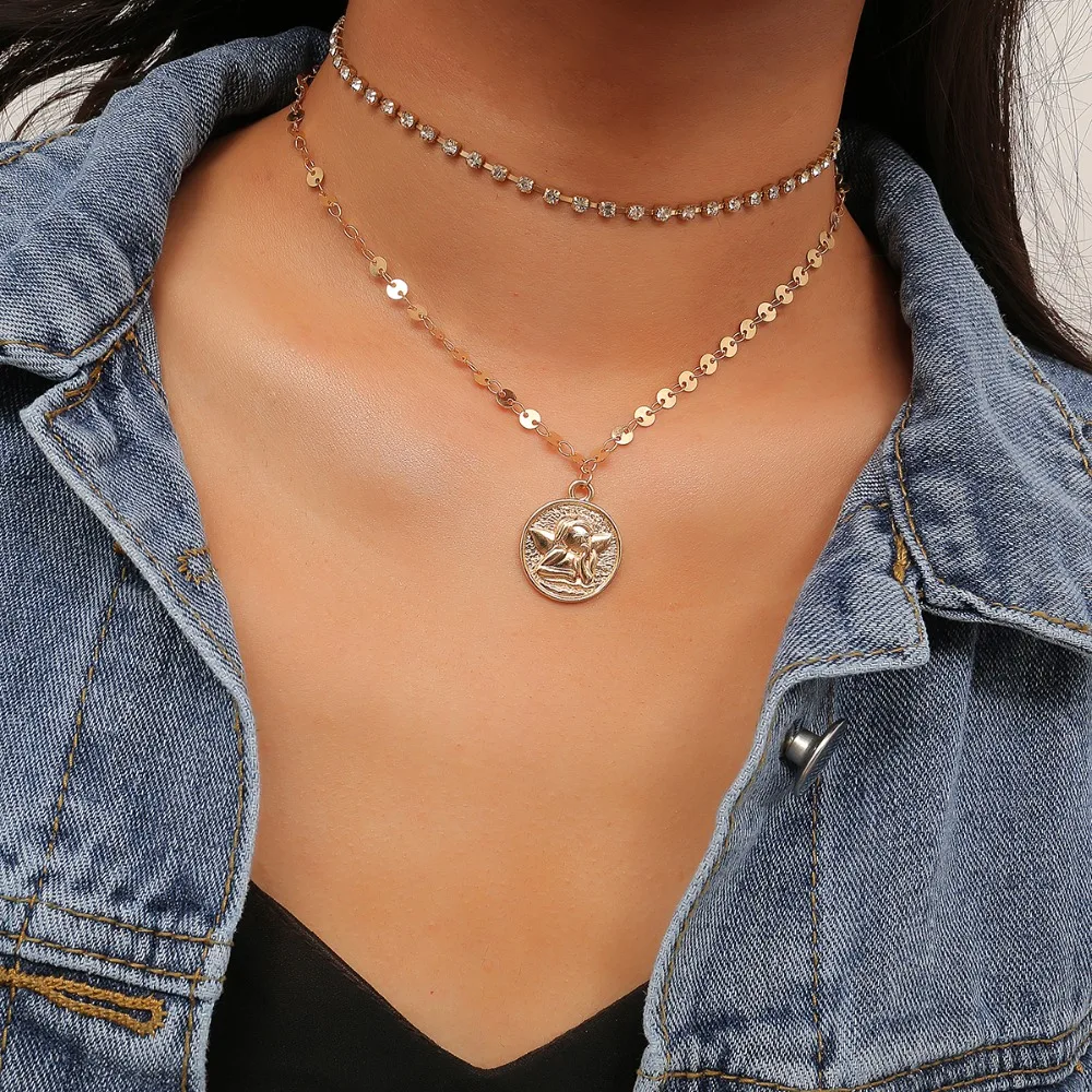 

classic Double Layered Crystal Choker Necklace Collar Shiny Sequins Carved Coin Rose Flower Pendant Necklace Women