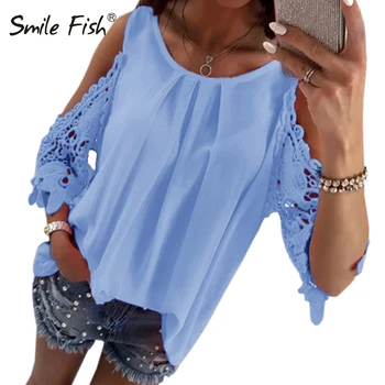 

Summer Chiffon Women Blouses 2019 Casual Sexy Sun-top Half Sleeve Lace Patchwork Shirts Off Shoulder Tops Solid Plus Size GV381