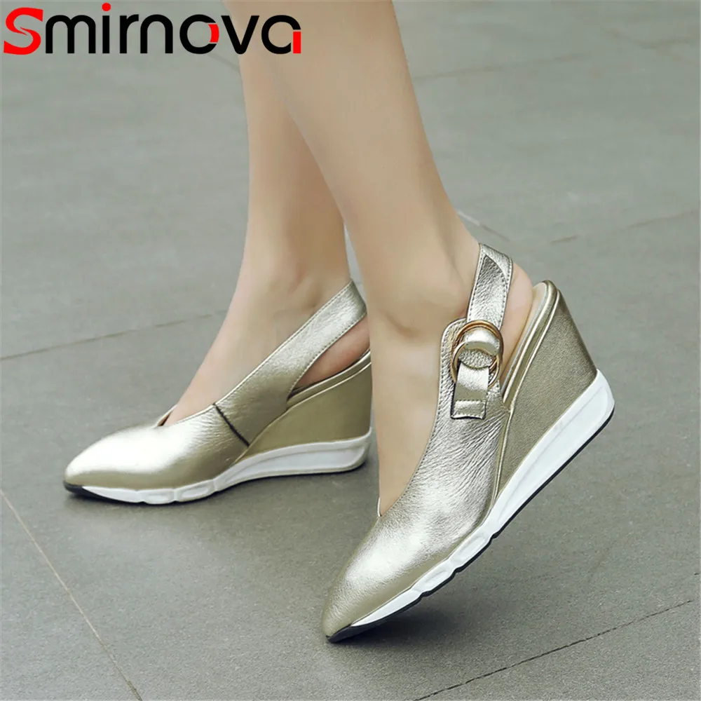 

Smirnova 2018 fashion new arrival shoes woman pointed toe buckle pumps women shoes wedges genuine leather high heels shoes