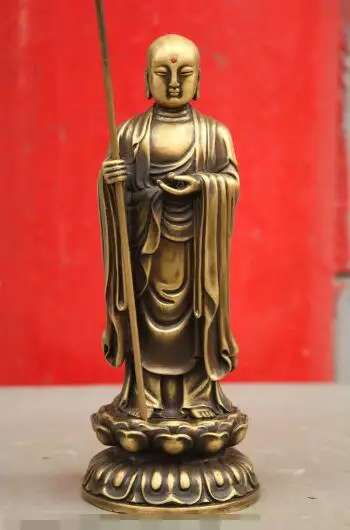 

S3892 8" Collect China Temple Pure Bronze TangSeng Monk Ksitigarbha Buddha Cane Statue