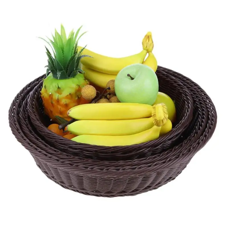 

Storage Basket Round Woven Wicker Basket Iron Frame Imitation Rattan Bread Food Fruit Vegetables Container Food Display Holder