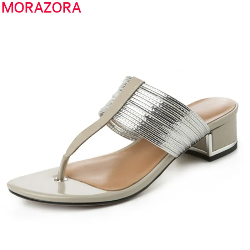 

MORAZORA 2019 new arrival genuine leather sandals women flip flops square heels summer sandals comfortable casual shoes woman