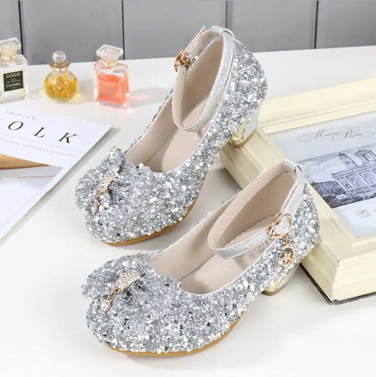 

Children Princess Sandals Kids Girls Wedding Leather Shoes High Heels Dress Shoes Bowtie Purple Shoes For Girl Silver Pink