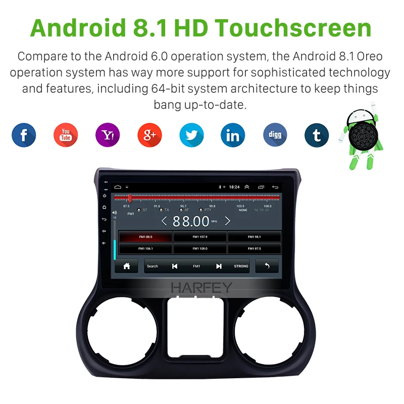 Clearance Harfey 2Din 10.1 Inch Car Radio Android 8.1 Stereo For JEEP Wrangler 2011-2017 left hand drive GPS Navigation Multimeida Player 2