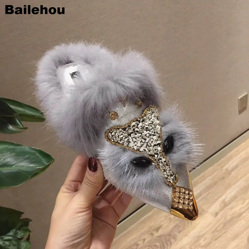 

Bailehou Women Fur Slippers Winter Warm Plush Slides Home Slipper Slip On Mules Bling Rhinestone Loafers Women Flat Casual Shoes