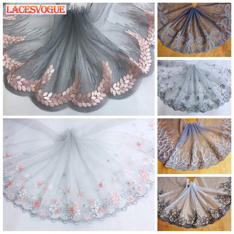 

3meters 15-25cm Gray Mesh lace trims Embroidered Lace Ribbon Wedding accessories lace fabrics Patchwork Sewing Doll lace LAVO886