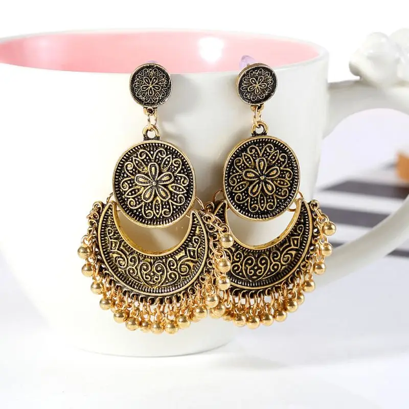 1 пара этнические Бали Jhumka Jhumki Золотая парча лотоса Мексика цыганские модные