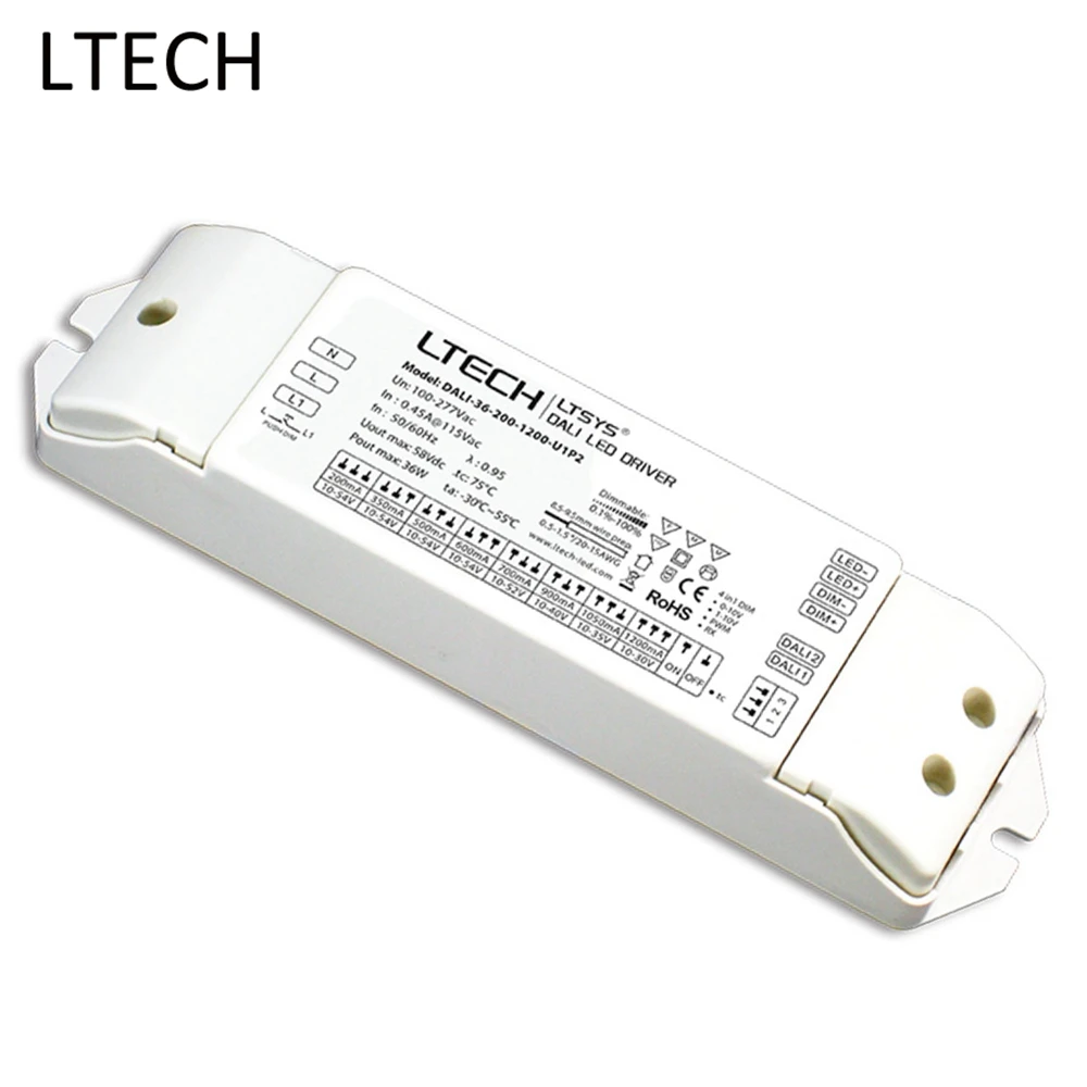

LTECH DALI-36-200-1200-U1P2; 100-277Vacc input; 200-1200mA/2-36W output CC DALI Dimming Driver