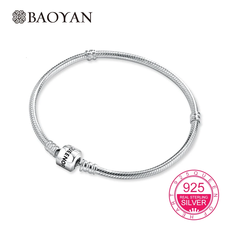Baoyan 100% Geniune 925 Sterling Silver Stamp Queen of Heart Snake Chain for Women Bracelets for European Charms N1 17-22CM