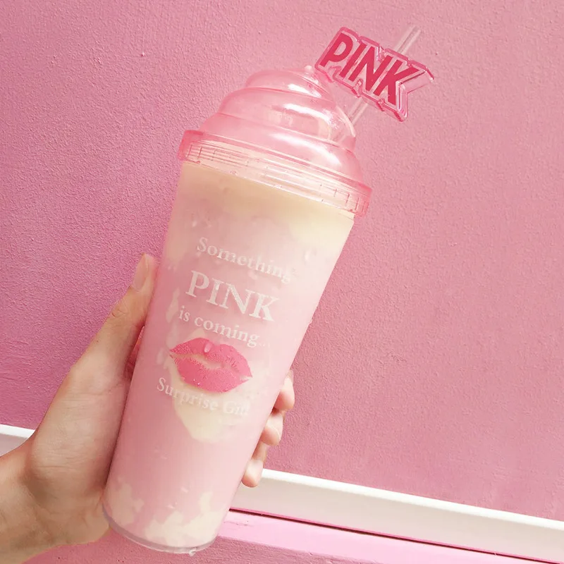 

Creative Lovely Pink Ice Cream Cover PC Water Bottle with Straw Girlfriend Gift Student's Present New