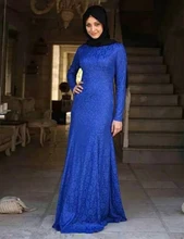 Elegant Arabic Hijab Evening Dresses Straight Floor Length Long Royal Blue Lace Long Sleeve Muslim Evening Dress
