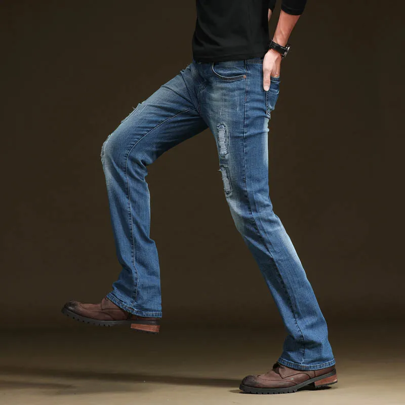 2018 новые Брендовые мужские расклешенные джинсы загрузки крой клеш джинсовые для Для мужчин Slim Fit джинсы джинсовые брюки мужские патч брюки